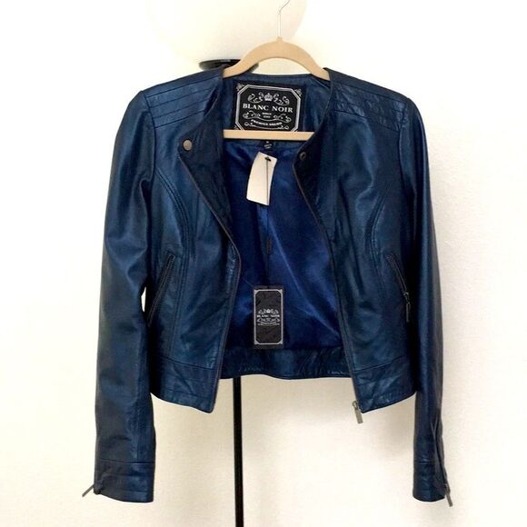 Blanc Noir Blue Leather Jacket Size M - Picture 3 of 7
